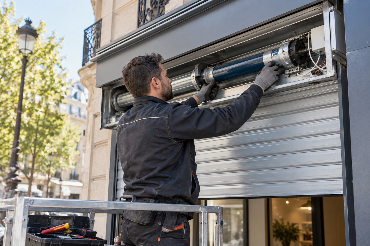 Moteur et axe d'un rideau métallique