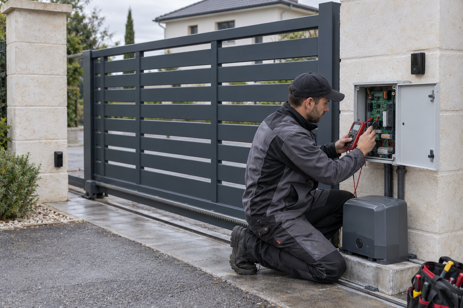 Technicien réparant un portail électrique à Paris
